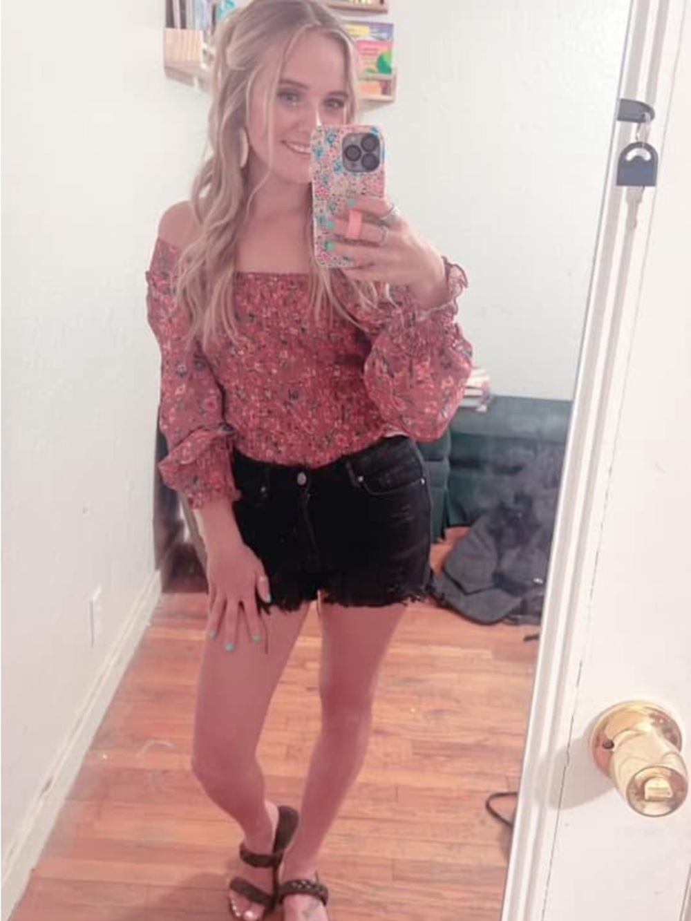 Floral Off-Shoulder Smocked Peasant Top - Pink